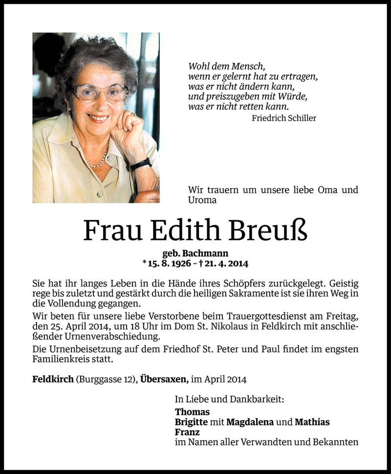  Todesanzeige für Edith Breuß vom 23.04.2014 aus Vorarlberger Nachrichten