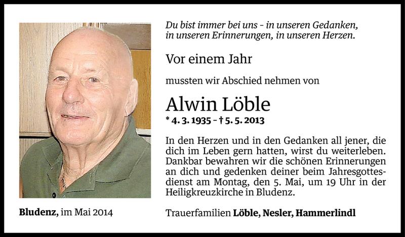  Todesanzeige für Alwin Löble vom 01.05.2014 aus Vorarlberger Nachrichten