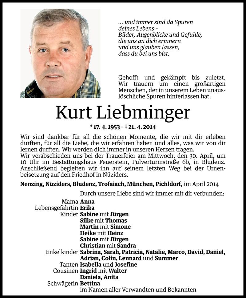  Todesanzeige für Kurt Liebminger vom 26.04.2014 aus Vorarlberger Nachrichten