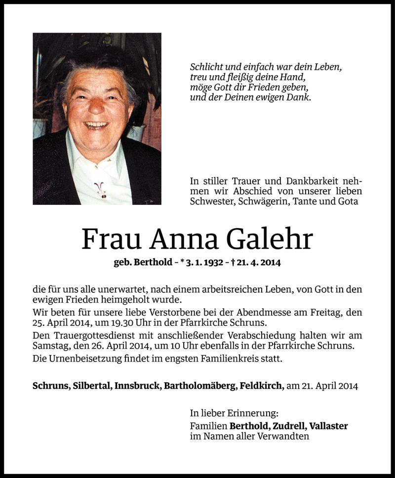  Todesanzeige für Anna Galehr vom 23.04.2014 aus Vorarlberger Nachrichten