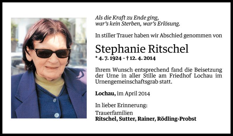  Todesanzeige für Stephanie Ritschel vom 26.04.2014 aus Vorarlberger Nachrichten