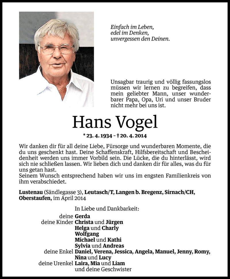  Todesanzeige für Hans Vogel vom 25.04.2014 aus Vorarlberger Nachrichten