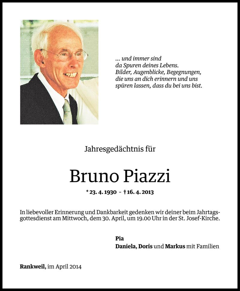  Todesanzeige für Bruno Piazzi vom 24.04.2014 aus Vorarlberger Nachrichten