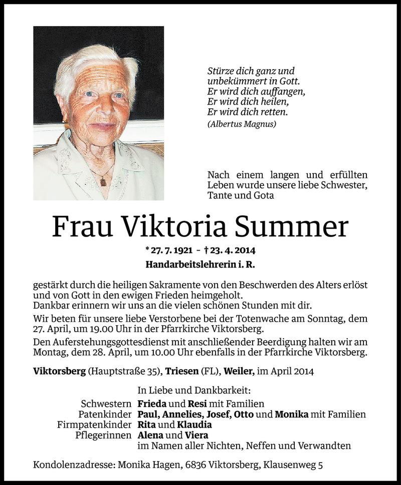  Todesanzeige für Viktoria Summer vom 25.04.2014 aus Vorarlberger Nachrichten