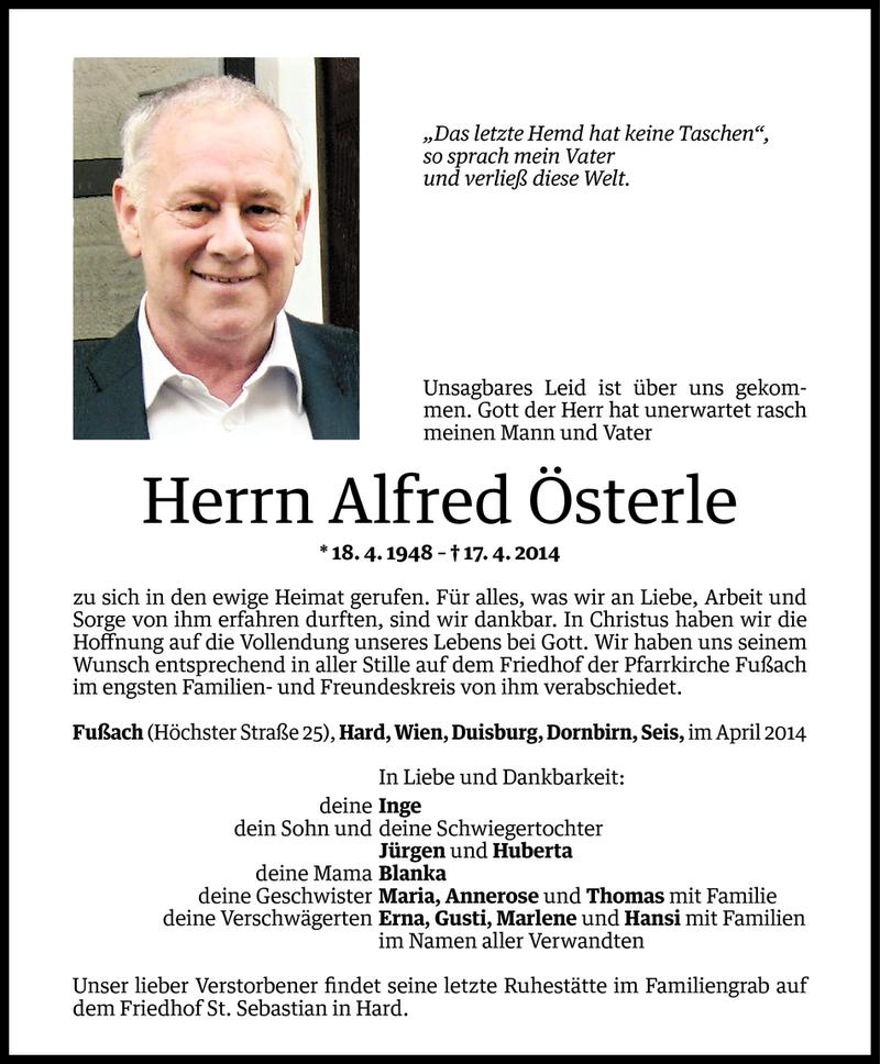  Todesanzeige für Alfred Österle vom 26.04.2014 aus Vorarlberger Nachrichten