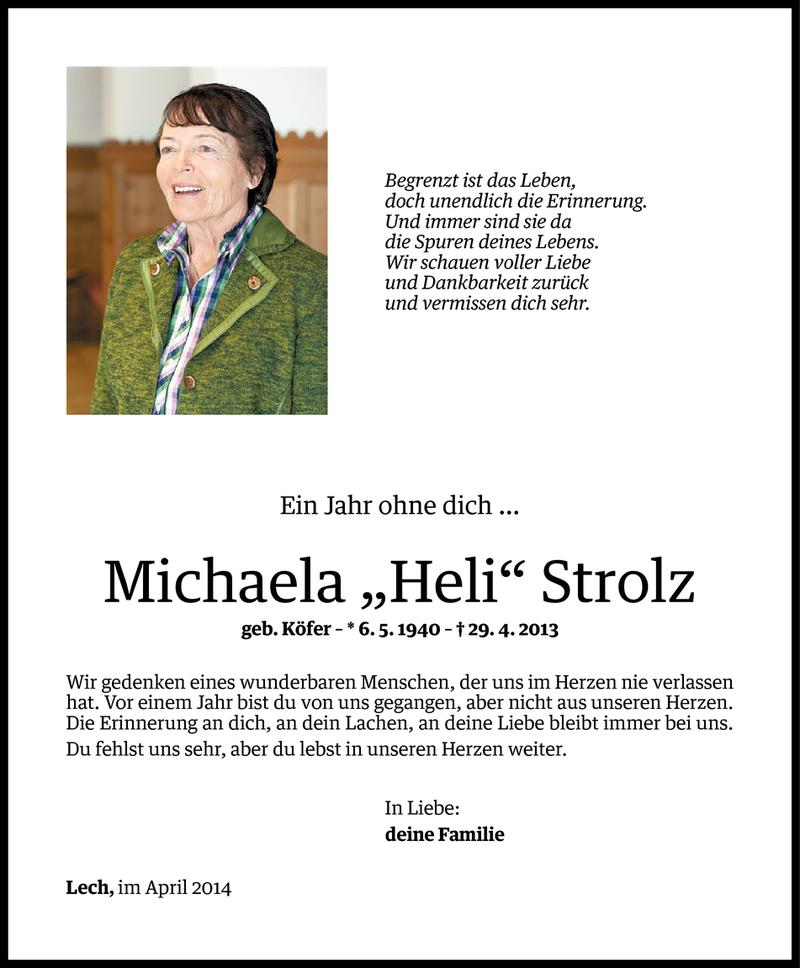  Todesanzeige für Michaela (Heli) Strolz vom 29.04.2014 aus Vorarlberger Nachrichten