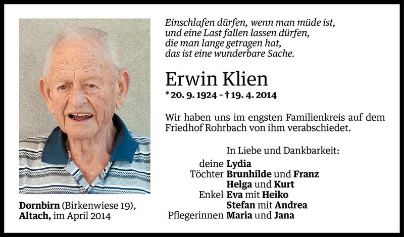  Todesanzeige für Erwin Klien vom 26.04.2014 aus Vorarlberger Nachrichten