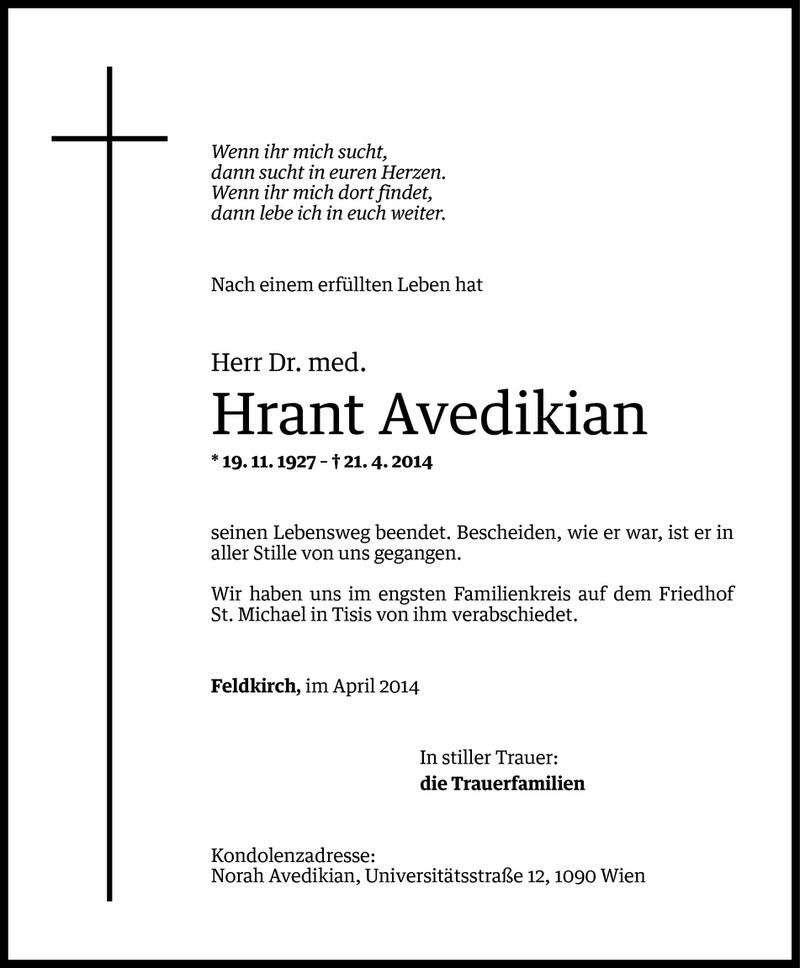  Todesanzeige für Hrant Avedikian vom 26.04.2014 aus Vorarlberger Nachrichten