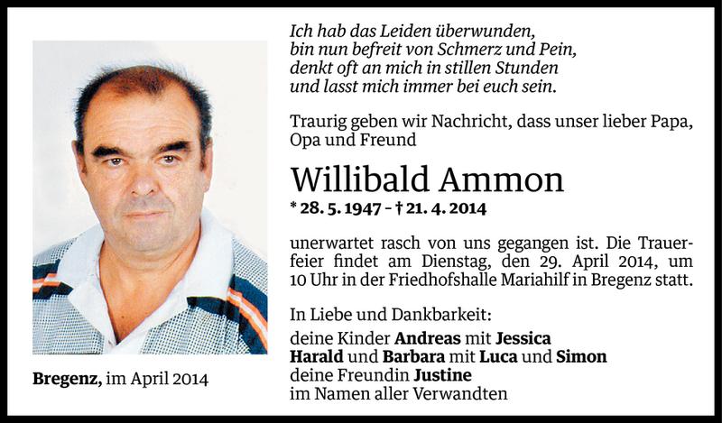  Todesanzeige für Willibald Ammon vom 25.04.2014 aus Vorarlberger Nachrichten