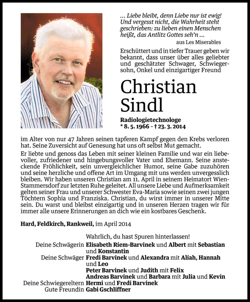  Todesanzeige für Christian Sindl vom 25.04.2014 aus Vorarlberger Nachrichten