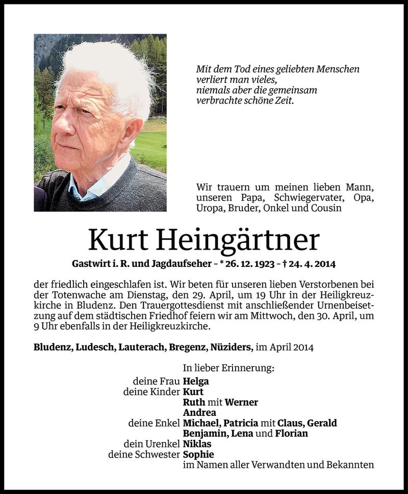  Todesanzeige für Kurt Heingärtner vom 26.04.2014 aus Vorarlberger Nachrichten