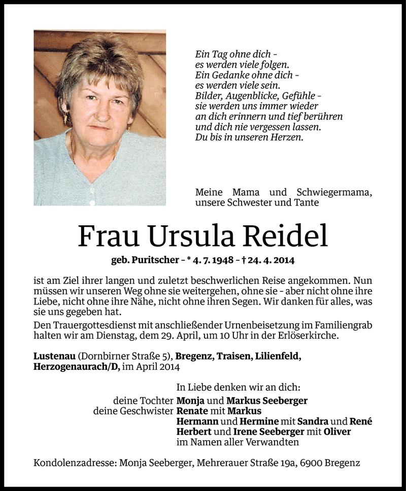  Todesanzeige für Ursula Reidel vom 25.04.2014 aus Vorarlberger Nachrichten