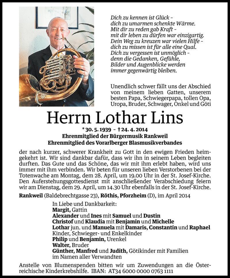  Todesanzeige für Lothar Lins vom 26.04.2014 aus Vorarlberger Nachrichten