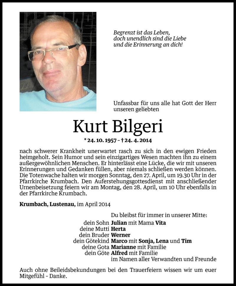  Todesanzeige für Kurt Bilgeri vom 25.04.2014 aus Vorarlberger Nachrichten