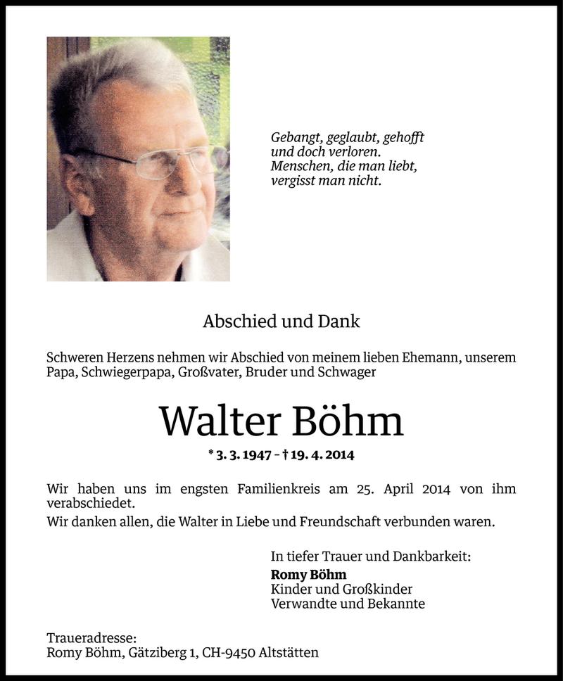  Todesanzeige für Walter Böhm vom 26.04.2014 aus Vorarlberger Nachrichten