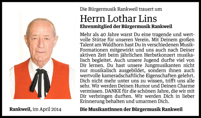  Todesanzeige für Lothar Lins vom 26.04.2014 aus Vorarlberger Nachrichten
