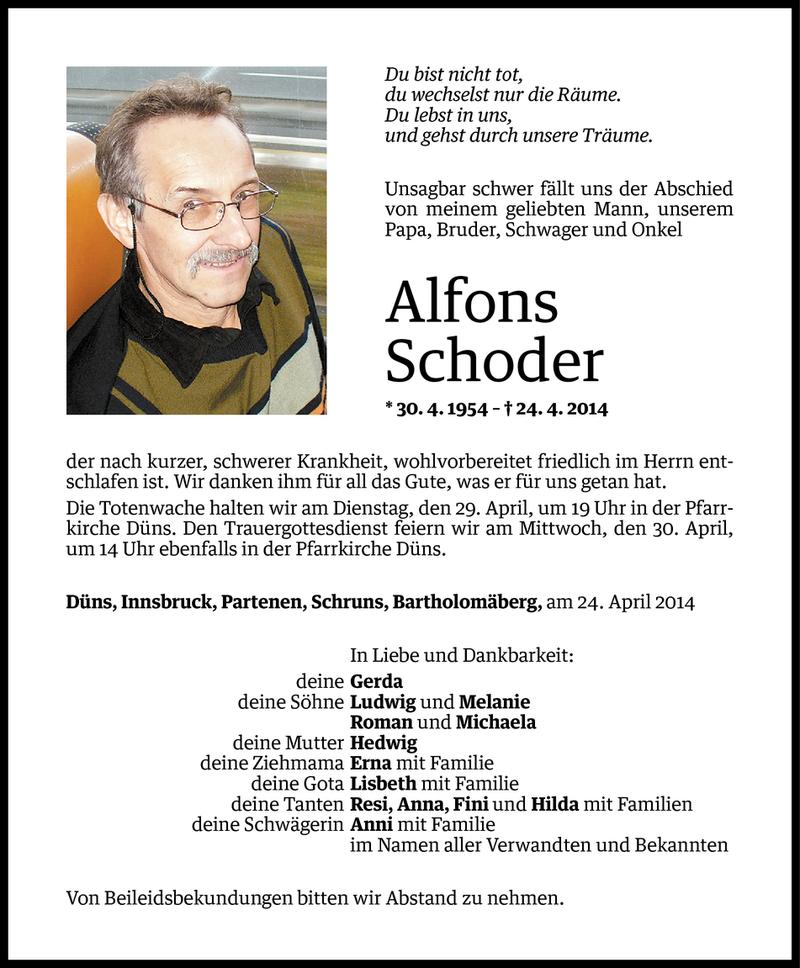  Todesanzeige für Alfons Schoder vom 27.04.2014 aus Vorarlberger Nachrichten