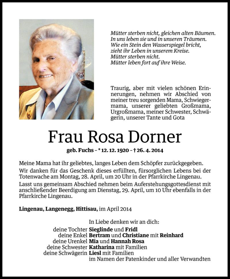  Todesanzeige für Rosa Dorner vom 27.04.2014 aus Vorarlberger Nachrichten