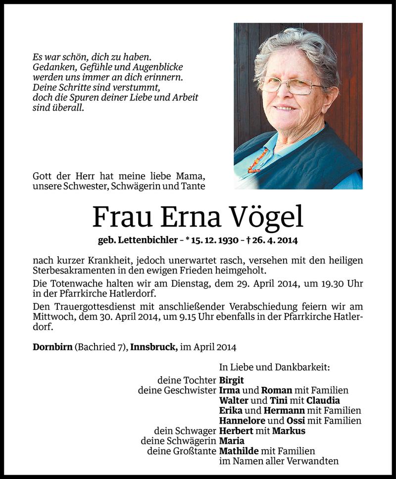  Todesanzeige für Erna Vögel vom 27.04.2014 aus Vorarlberger Nachrichten