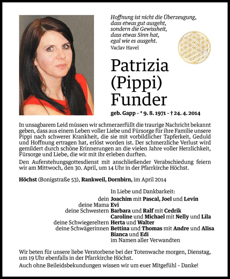  Todesanzeige für Patrizia Funder vom 27.04.2014 aus Vorarlberger Nachrichten