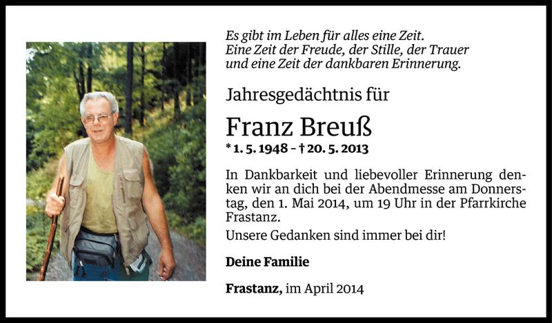  Todesanzeige für Franz Breuß vom 28.04.2014 aus Vorarlberger Nachrichten