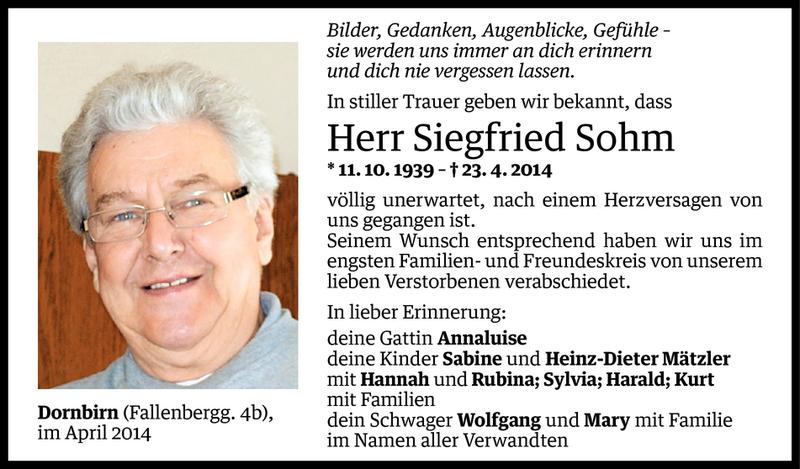  Todesanzeige für Siegfried Sohm vom 29.04.2014 aus Vorarlberger Nachrichten