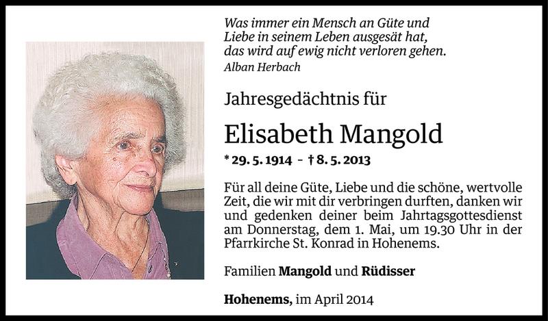  Todesanzeige für Elisabeth Mangold vom 30.04.2014 aus Vorarlberger Nachrichten