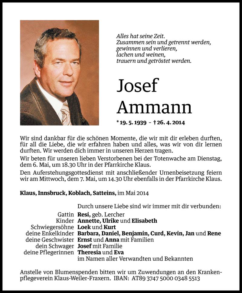  Todesanzeige für Josef Ammann vom 03.05.2014 aus Vorarlberger Nachrichten