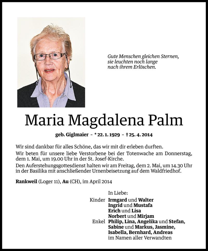  Todesanzeige für Maria Magdalena Palm vom 29.04.2014 aus Vorarlberger Nachrichten