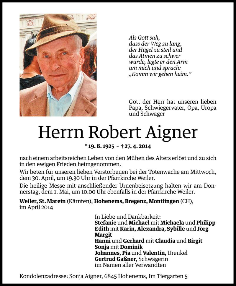  Todesanzeige für Robert Aigner vom 29.04.2014 aus Vorarlberger Nachrichten
