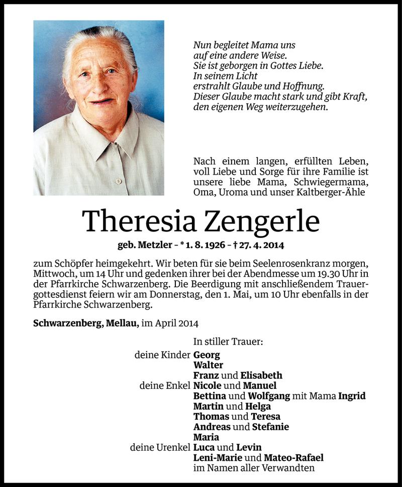  Todesanzeige für Theresia Zengerle vom 28.04.2014 aus Vorarlberger Nachrichten