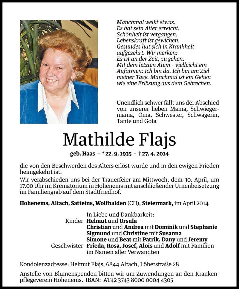  Todesanzeige für Mathilde Flajs vom 29.04.2014 aus Vorarlberger Nachrichten