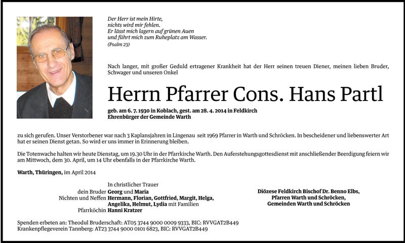  Todesanzeige für Hans Partl vom 28.04.2014 aus Vorarlberger Nachrichten