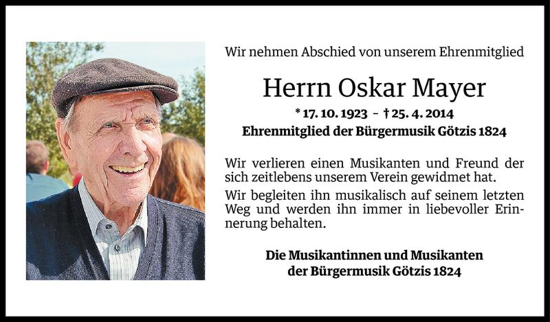  Todesanzeige für Oskar Mayer vom 30.04.2014 aus Vorarlberger Nachrichten