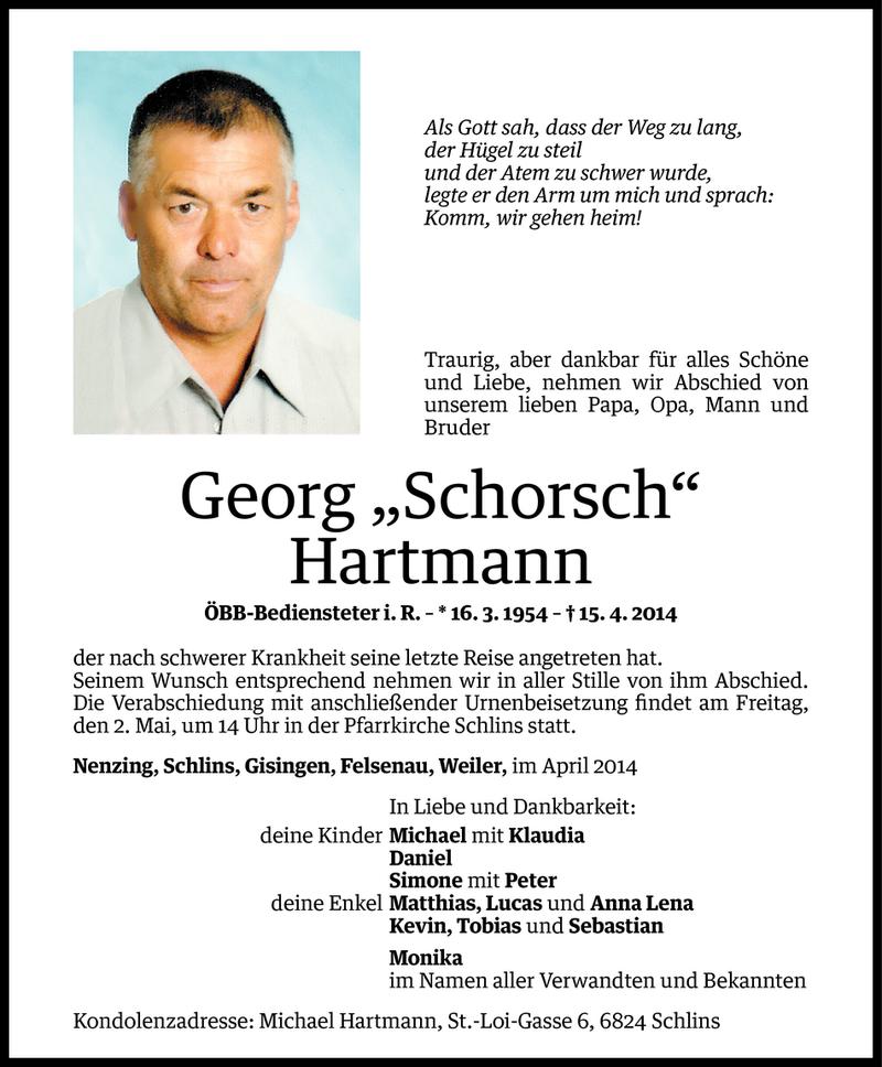  Todesanzeige für Georg Hartmann vom 30.04.2014 aus Vorarlberger Nachrichten