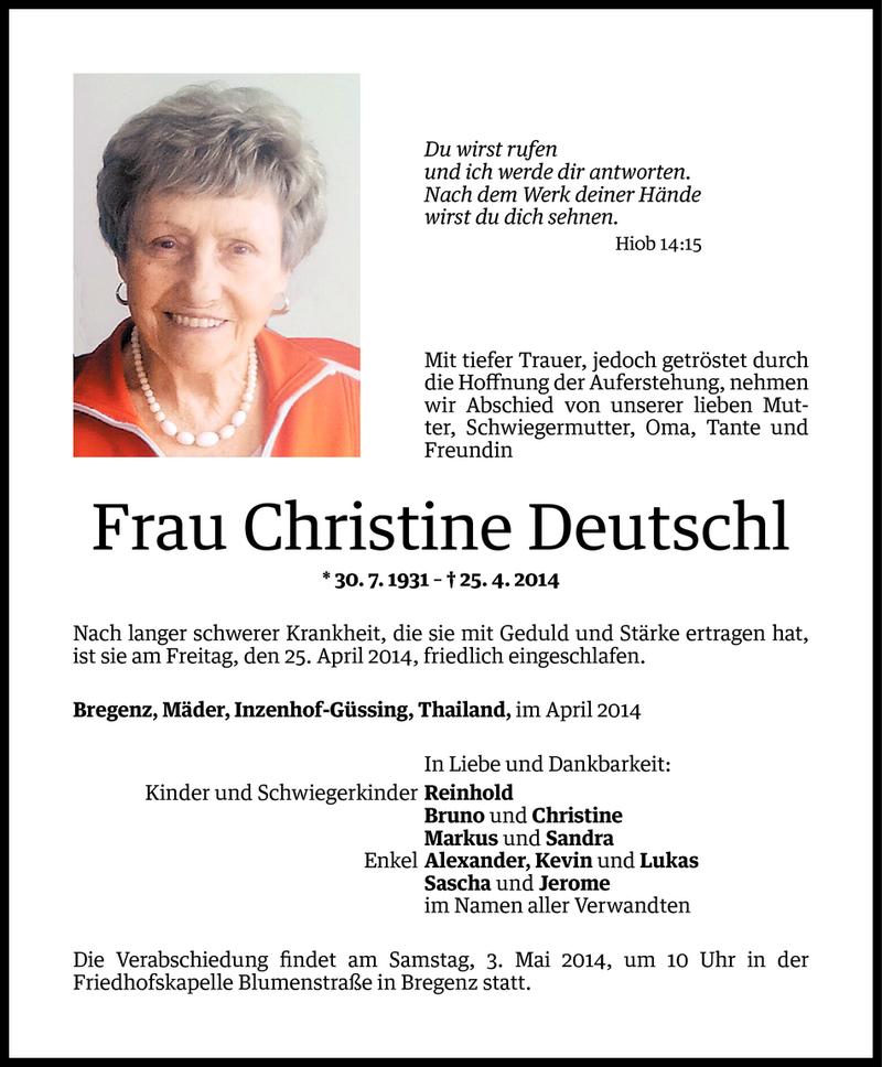  Todesanzeige für Christine Deutschl vom 29.04.2014 aus Vorarlberger Nachrichten