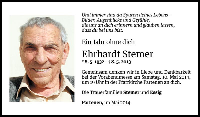  Todesanzeige für Ehrhardt Stemer vom 07.05.2014 aus Vorarlberger Nachrichten