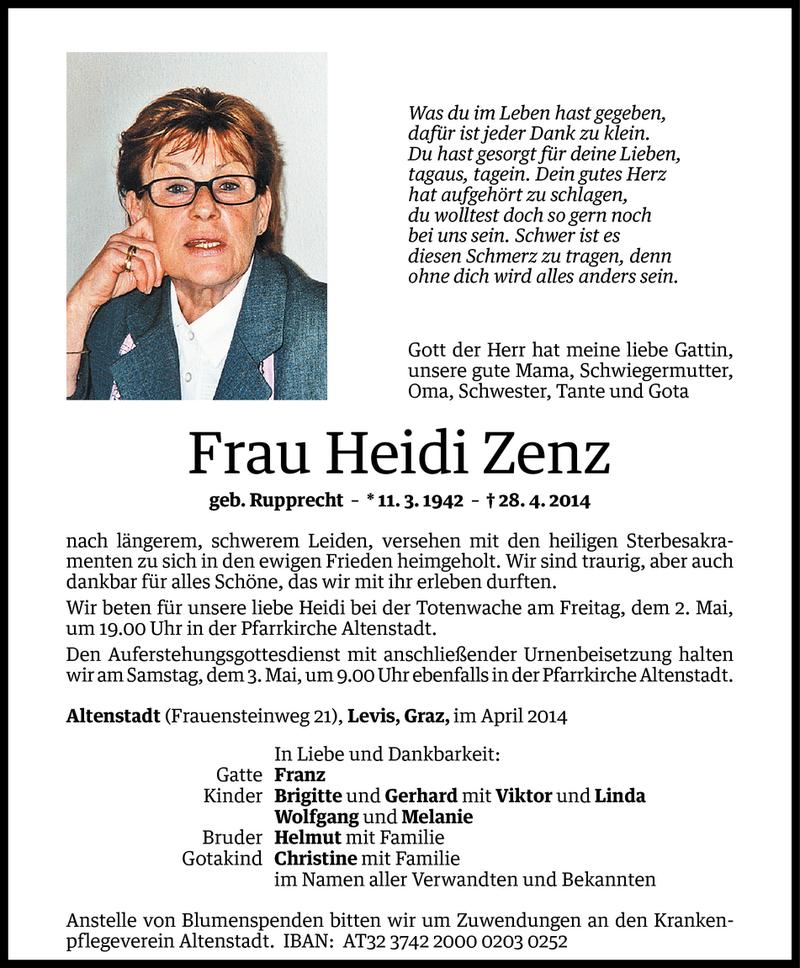  Todesanzeige für Heidi Zenz vom 30.04.2014 aus Vorarlberger Nachrichten