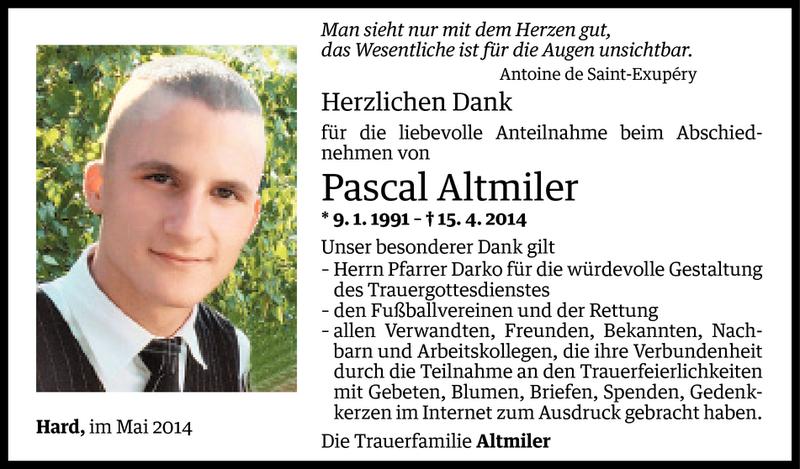  Todesanzeige für Pascal Altmiler vom 01.05.2014 aus Vorarlberger Nachrichten