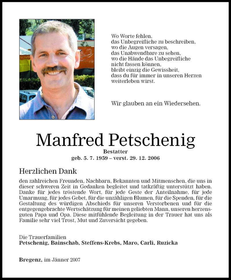  Todesanzeige für Manfred Petschenig vom 13.01.2007 aus Vorarlberger Nachrichten