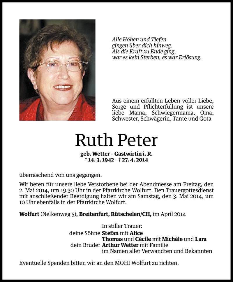 Todesanzeige für Ruth Peter vom 29.04.2014 aus Vorarlberger Nachrichten