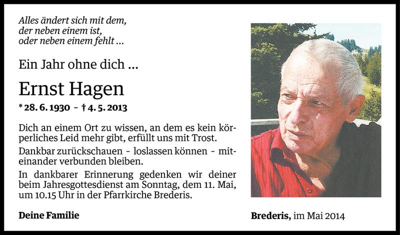  Todesanzeige für Ernst Hagen vom 07.05.2014 aus Vorarlberger Nachrichten