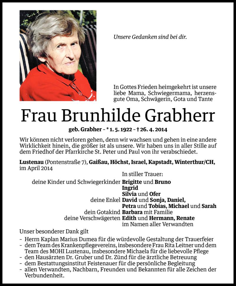  Todesanzeige für Brunhilde Grabherr vom 30.04.2014 aus Vorarlberger Nachrichten