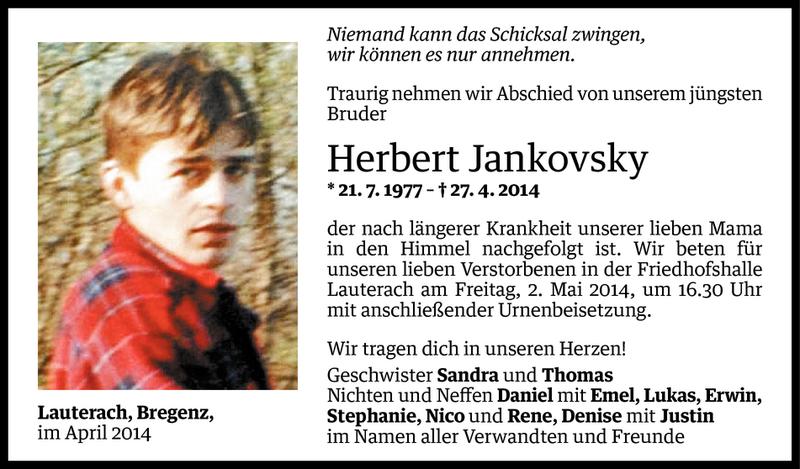  Todesanzeige für Herbert Jankovsky vom 30.04.2014 aus Vorarlberger Nachrichten