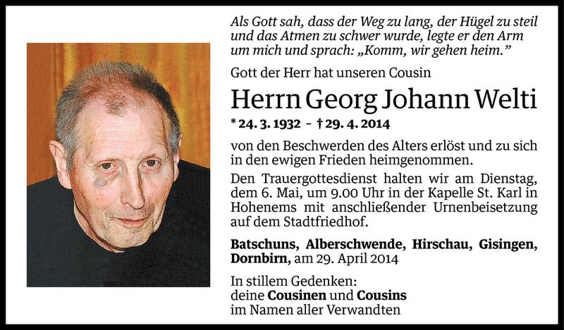  Todesanzeige für Georg Johann Welti vom 03.05.2014 aus Vorarlberger Nachrichten