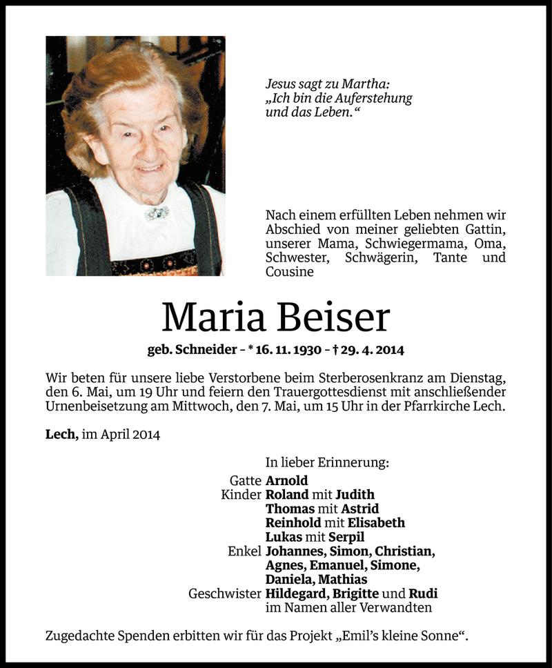  Todesanzeige für Maria Beiser vom 03.05.2014 aus Vorarlberger Nachrichten