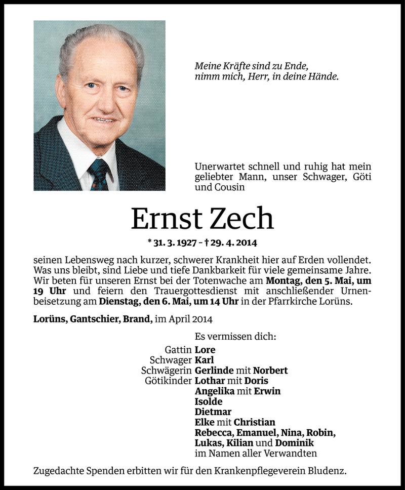  Todesanzeige für Ernst Zech vom 03.05.2014 aus Vorarlberger Nachrichten