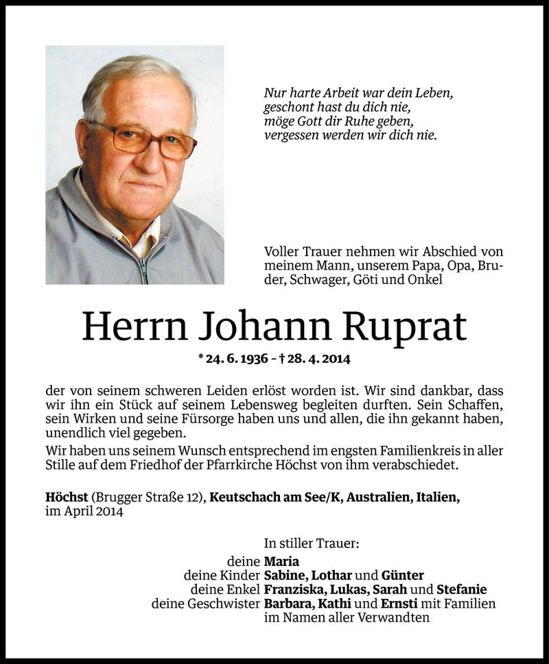  Todesanzeige für Johann Ruprat vom 03.05.2014 aus Vorarlberger Nachrichten