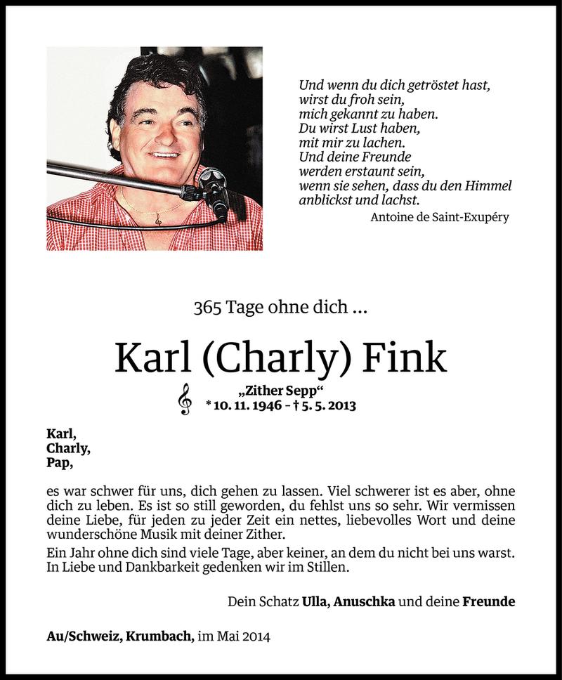  Todesanzeige für Karl (Charly) Fink vom 04.05.2014 aus Vorarlberger Nachrichten