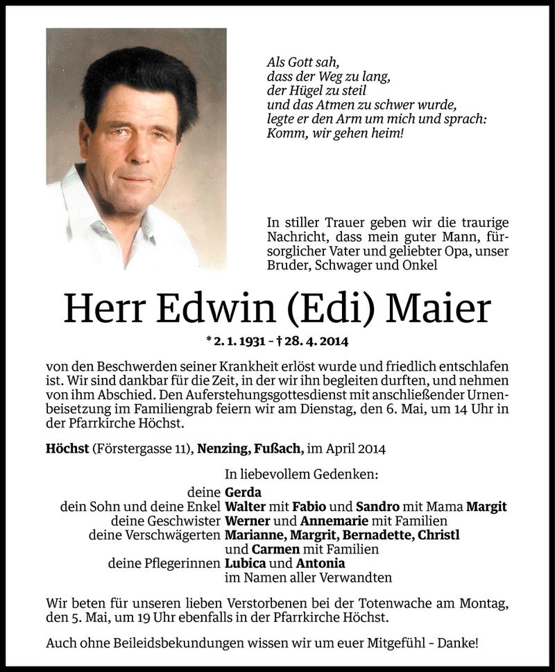  Todesanzeige für Edwin Maier vom 02.05.2014 aus Vorarlberger Nachrichten